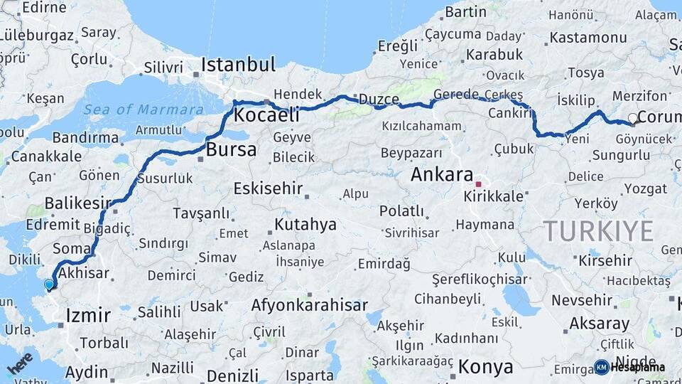 İzmir Aliağa Çorum Arası Kaç Km - Yol Haritası