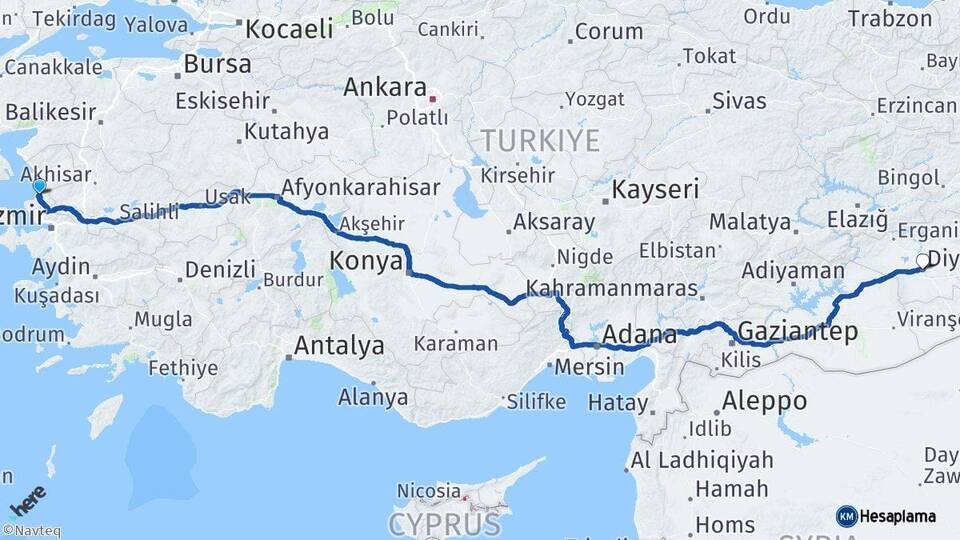 İzmir Aliağa Diyarbakır Arası Kaç Km - Yol Haritası