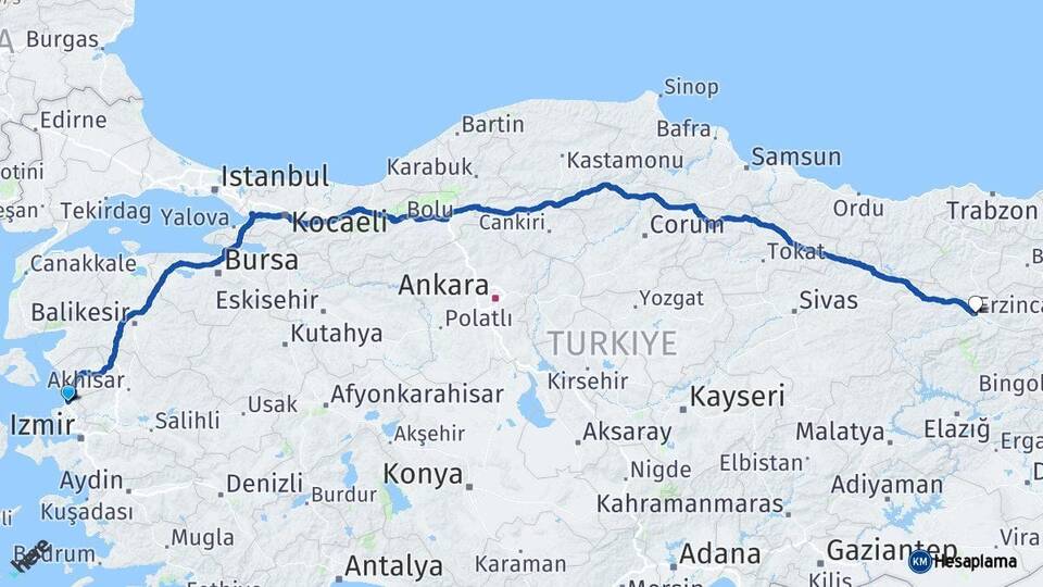 İzmir Aliağa Erzincan Arası Kaç Km - Yol Haritası