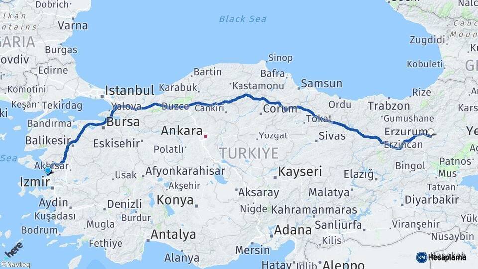 İzmir Aliağa Erzurum Arası Kaç Km - Yol Haritası