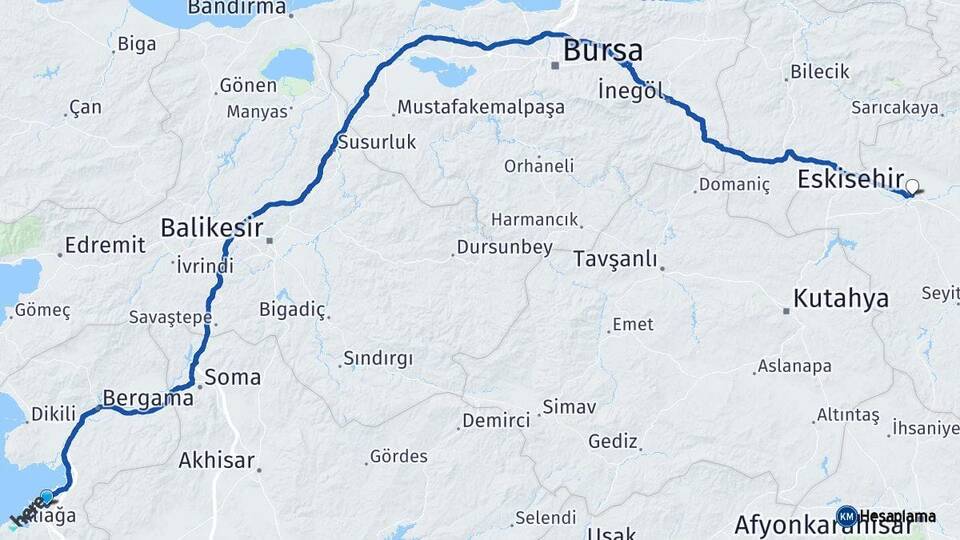 İzmir Aliağa Eskişehir Arası Kaç Km - Yol Haritası