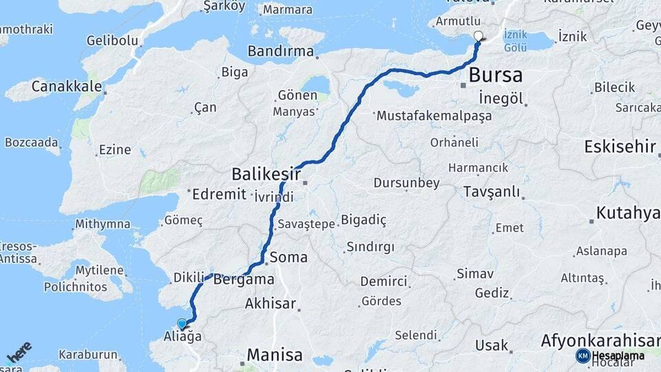 İzmir Aliağa Gemlik Bursa Arası Kaç Km - Yol Haritası