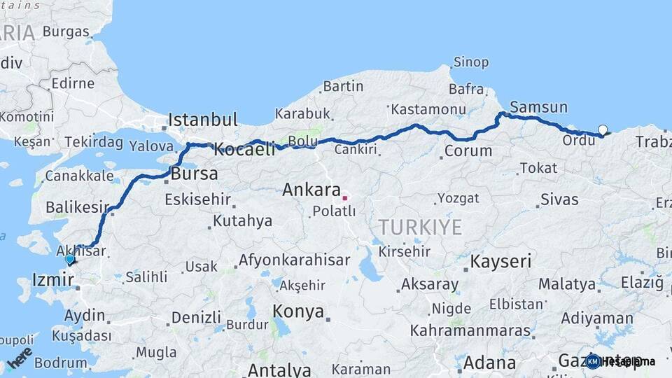 İzmir Aliağa Giresun Arası Kaç Km - Yol Haritası