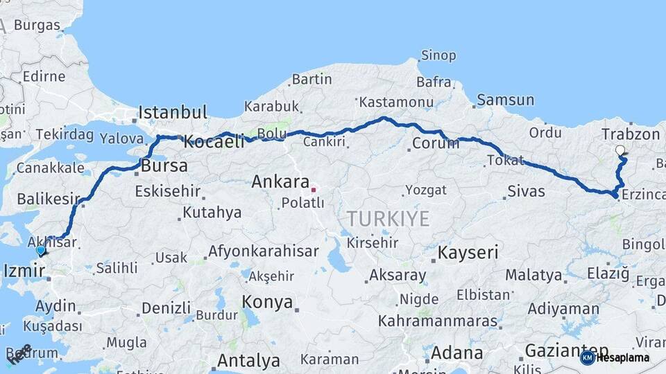 İzmir Aliağa Gümüşhane Arası Kaç Km - Yol Haritası