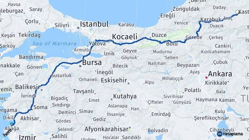 İzmir Aliağa Kastamonu Arası Kaç Km - Yol Haritası