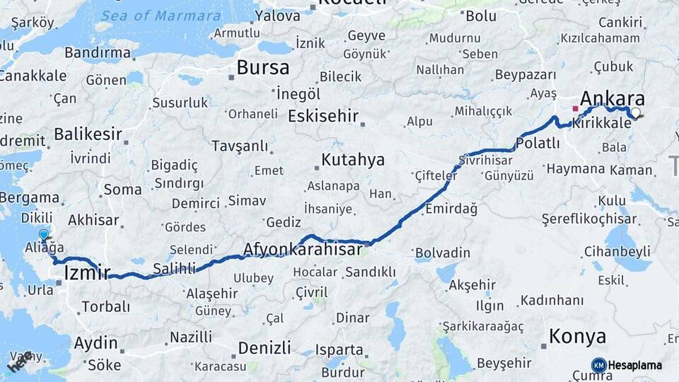 İzmir Aliağa Kırıkkale Arası Kaç Km - Yol Haritası