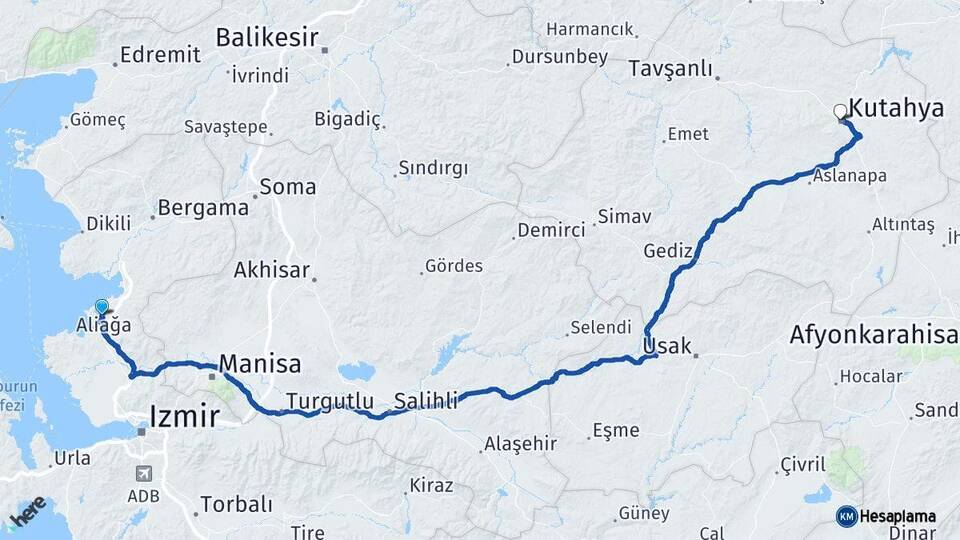 İzmir Aliağa Kütahya Arası Kaç Km - Yol Haritası
