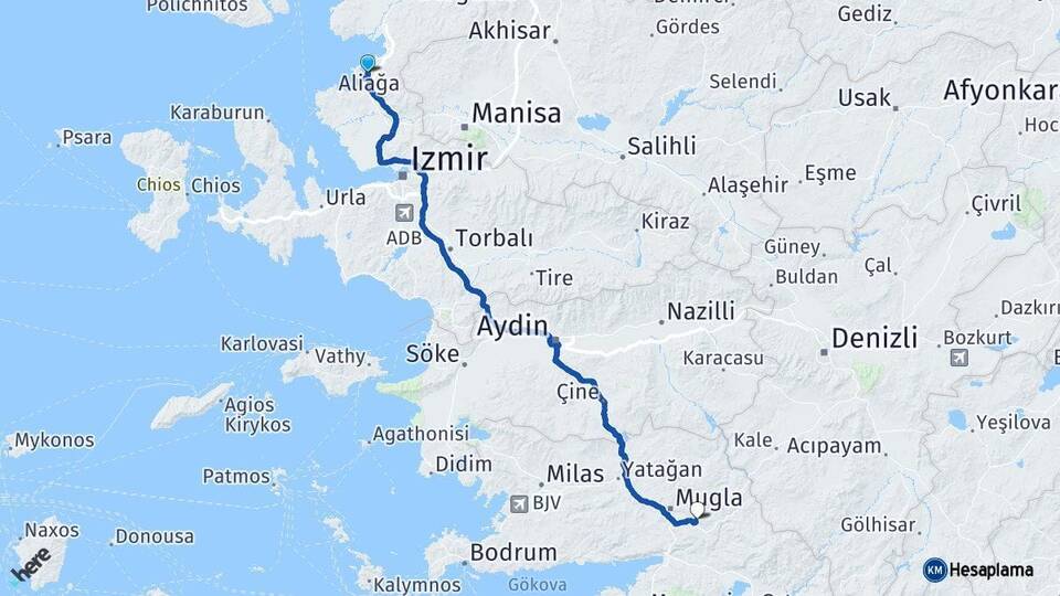İzmir Aliağa Muğla Arası Kaç Km - Yol Haritası