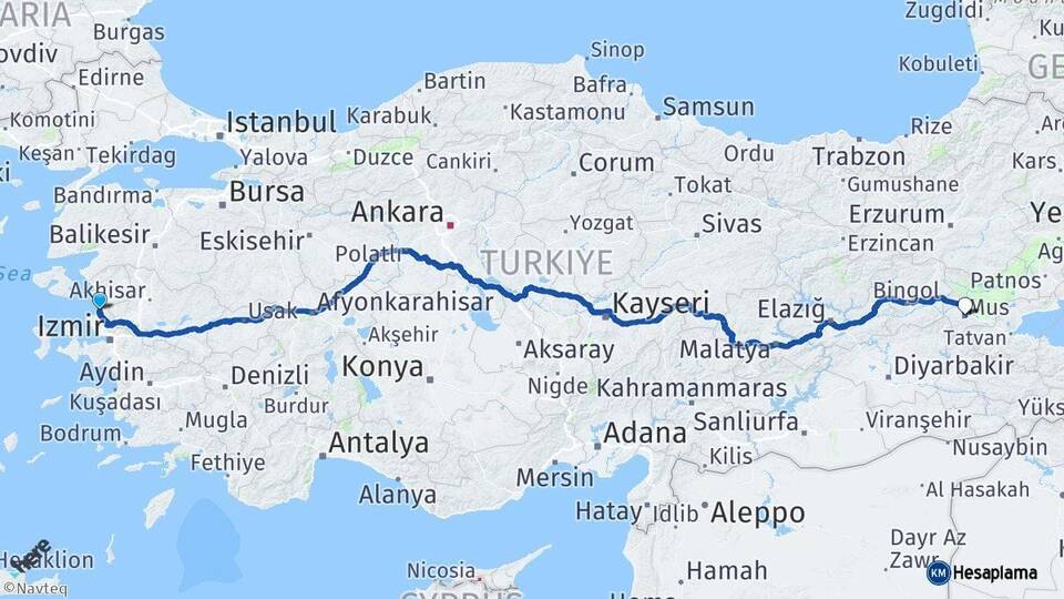 İzmir Aliağa Muş Arası Kaç Km - Yol Haritası