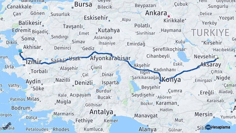 İzmir Aliağa Nevşehir Arası Kaç Km - Yol Haritası