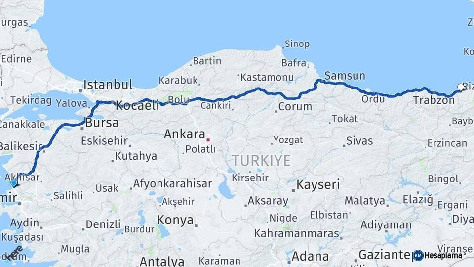 İzmir Aliağa Rize Arası Kaç Km - Yol Haritası