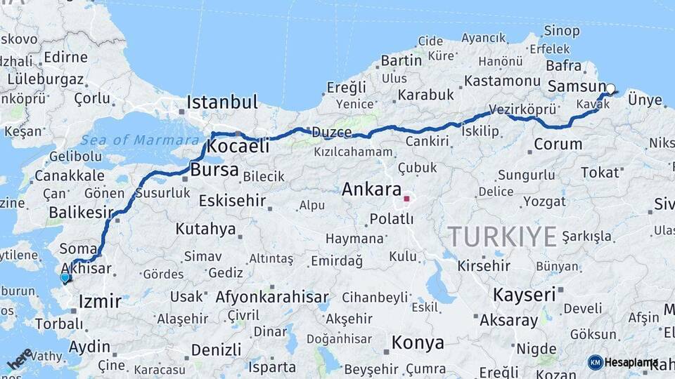 İzmir Aliağa Samsun Arası Kaç Km - Yol Haritası