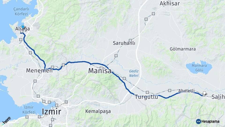 İzmir Aliağa Sart Salihli Manisa Arası Kaç Km - Yol Haritası