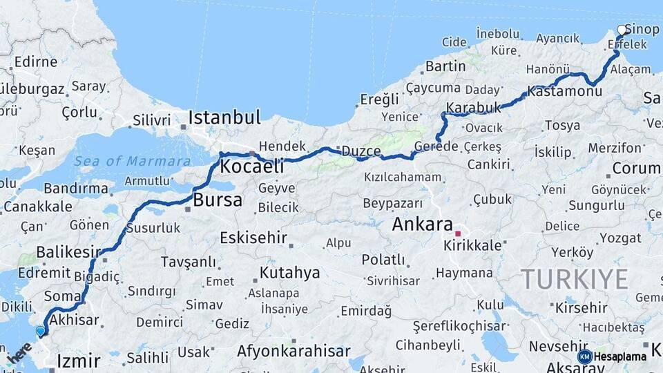 İzmir Aliağa Sinop Arası Kaç Km - Yol Haritası