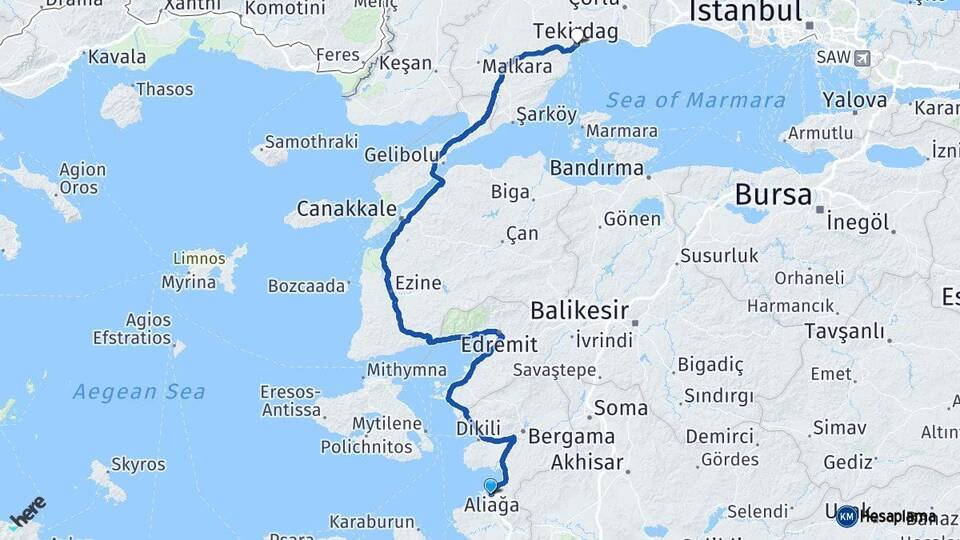 İzmir Aliağa Tekirdağ Arası Kaç Km - Yol Haritası