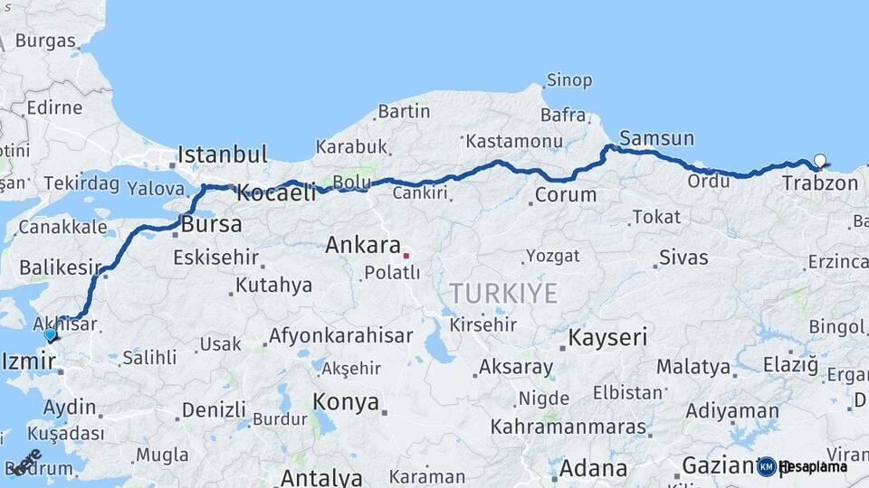 İzmir Aliağa Trabzon Arası Kaç Km - Yol Haritası
