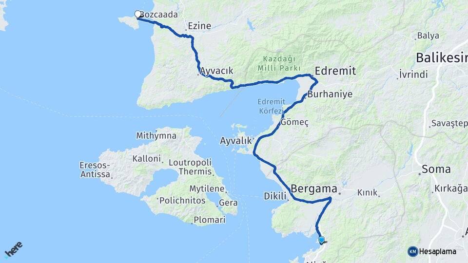 İzmir Aliağa Yenişakran Bozcaada Çanakkale Arası Kaç Km - Yol Haritası