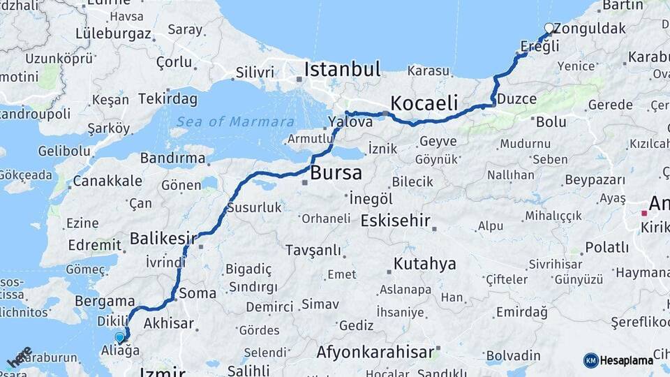 İzmir Aliağa Zonguldak Arası Kaç Km - Yol Haritası