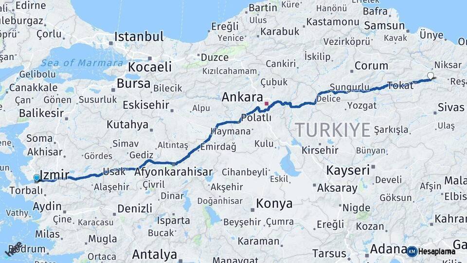 İzmir Almus Tokat Arası Kaç Km - Yol Haritası