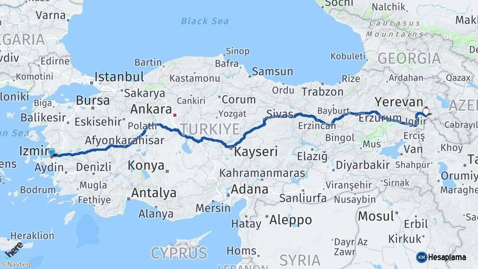 İzmir Aralık Iğdır Arası Kaç Km - Yol Haritası