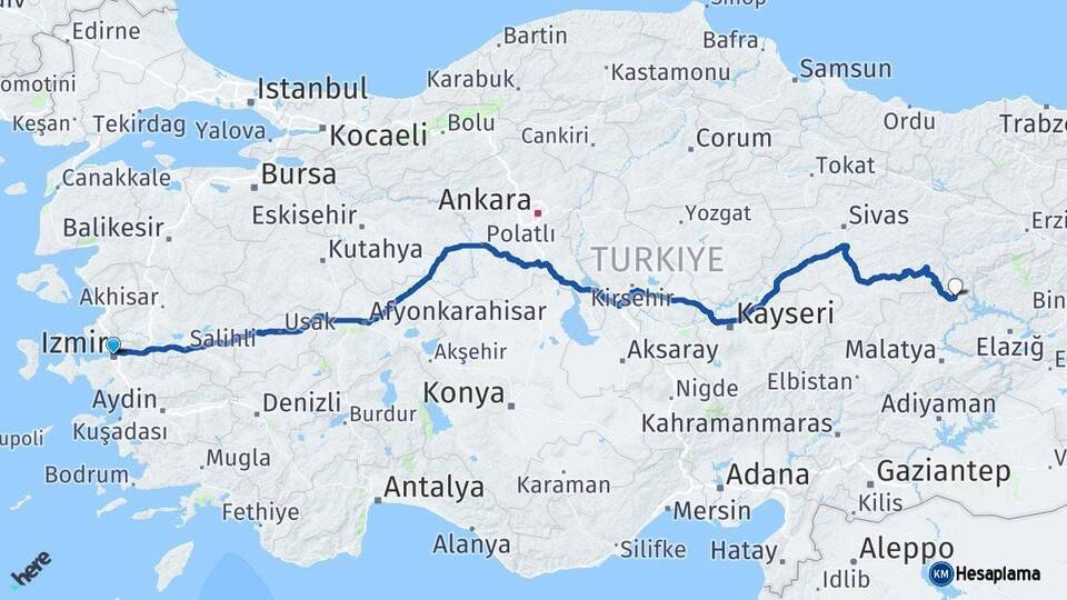 İzmir Arapgir Malatya Arası Kaç Km - Yol Haritası
