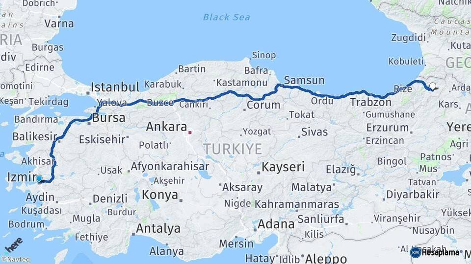 İzmir Ardanuç Artvin Arası Kaç Km - Yol Haritası