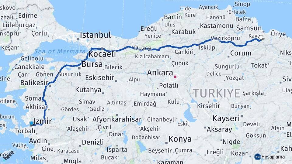 İzmir Asarcık Samsun Arası Kaç Km - Yol Haritası