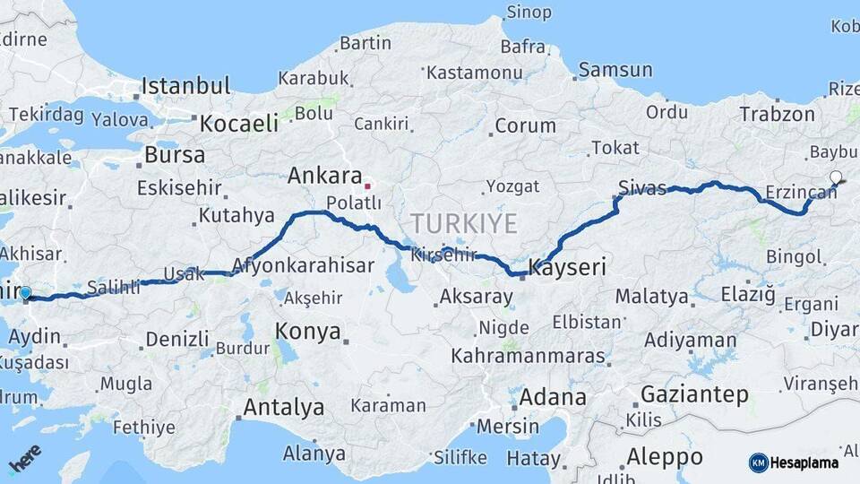 İzmir Aşkale Erzurum Arası Kaç Km - Yol Haritası