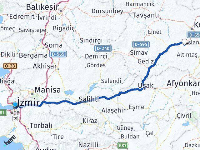 İzmir Aslanapa Kütahya Arası Kaç Km - Yol Haritası