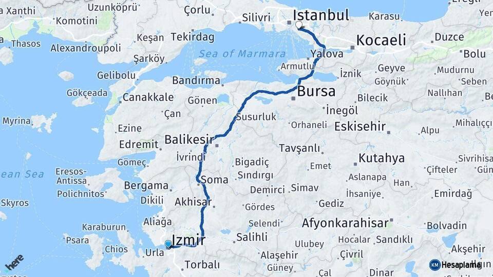 İzmir Ataşehir İstanbul Arası Kaç Km - Yol Haritası