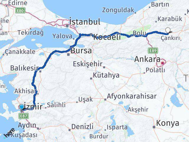 İzmir Atkaracalar Çankırı Arası Kaç Km - Yol Haritası