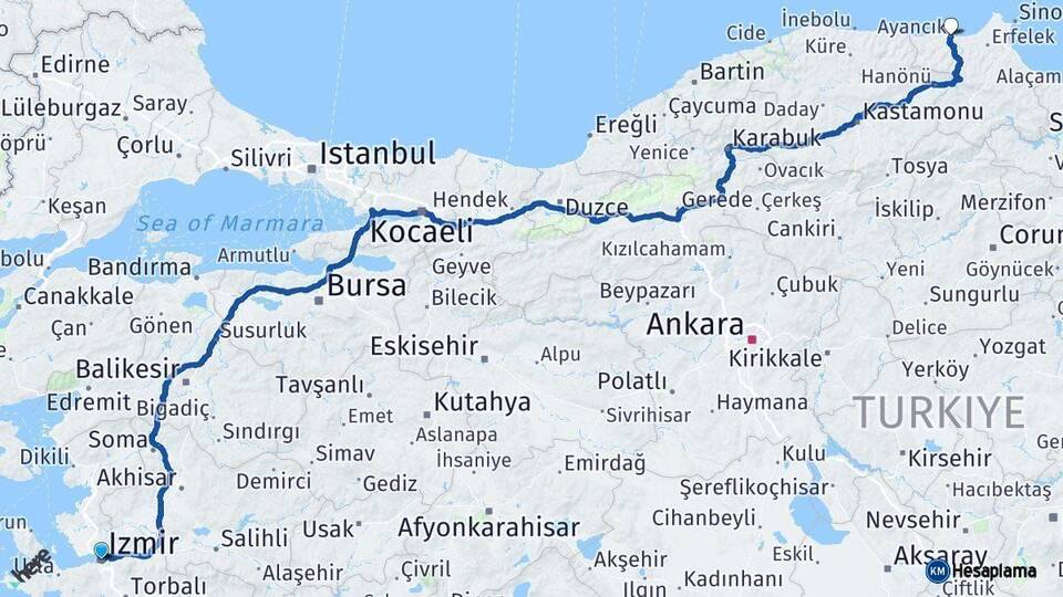 İzmir Ayancık Sinop Arası Kaç Km - Yol Haritası