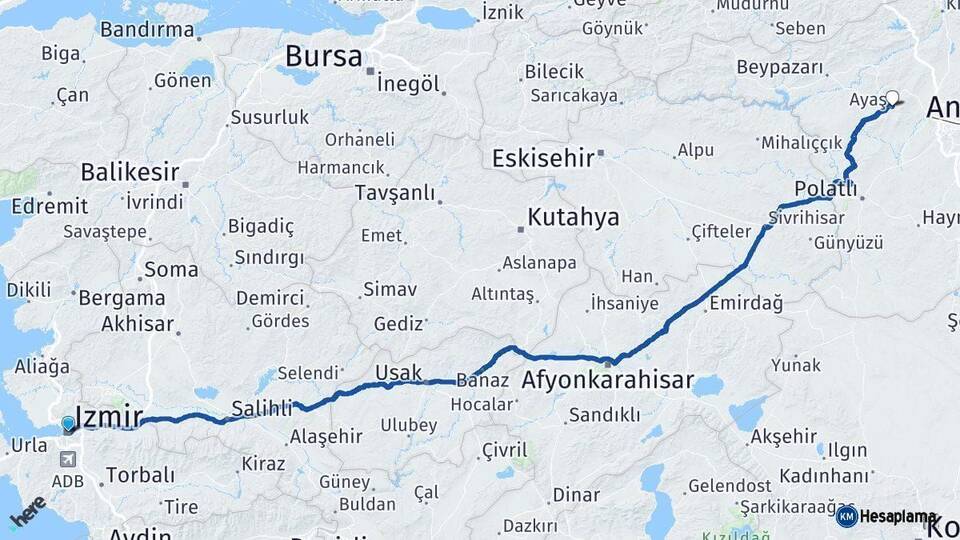 İzmir Ayaş Ankara Arası Kaç Km - Yol Haritası