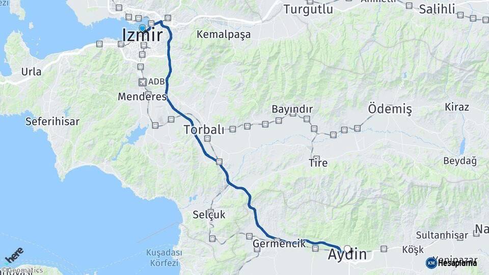İzmir Aydın Arası Kaç Km - Yol Haritası