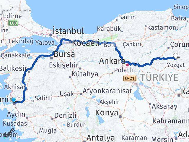 İzmir Aydıncık Yozgat Arası Kaç Km - Yol Haritası