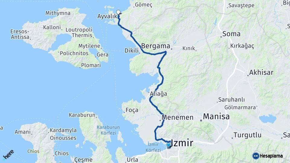 İzmir Ayvalık Balıkesir Arası Kaç Km - Yol Haritası