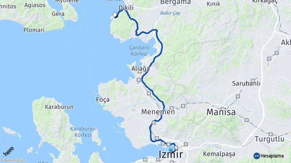 İzmir Bademli Dikili Arası Kaç Km - Yol Haritası
