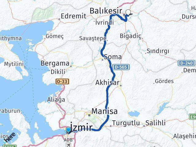 İzmir Balıkesir Merkez Havalimanı Arası Kaç Km - Yol Haritası