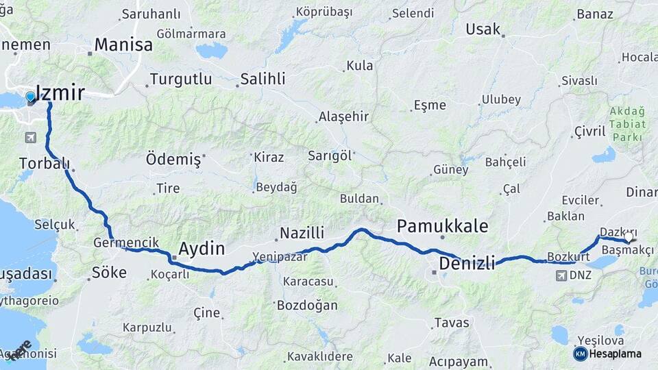 İzmir Başmakçı Afyonkarahisar Arası Kaç Km - Yol Haritası