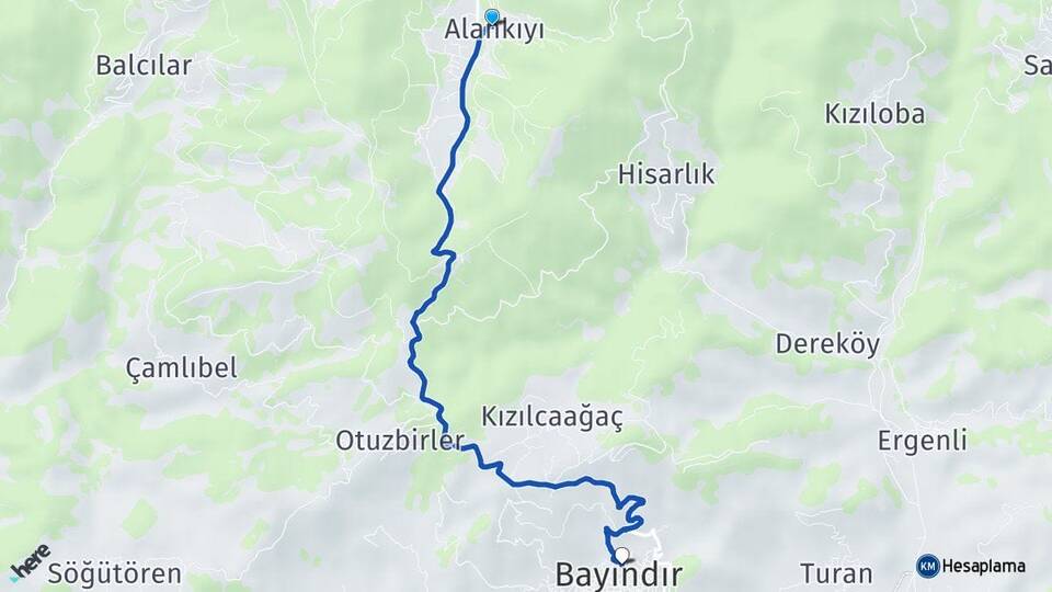 İzmir Bayındır Alankıyı Bayındır Arası Kaç Km - Yol Haritası