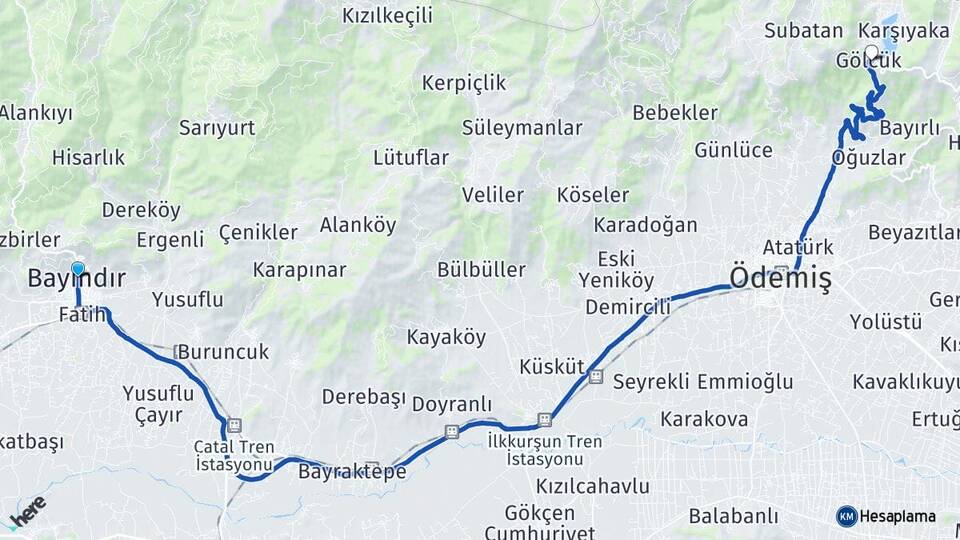 İzmir Bayındır Gölcük Ödemiş Arası Kaç Km - Yol Haritası