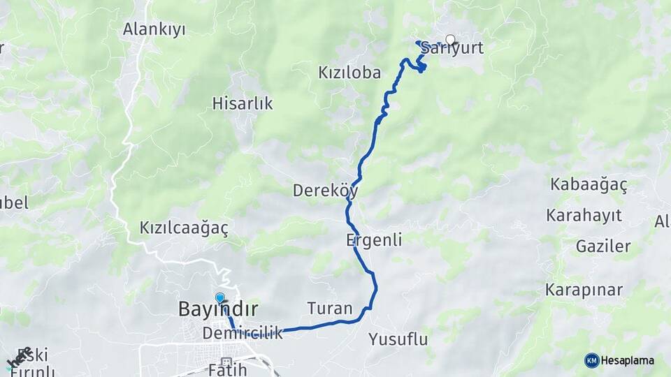 İzmir Bayındır Sarıyurt Bayındır Arası Kaç Km - Yol Haritası