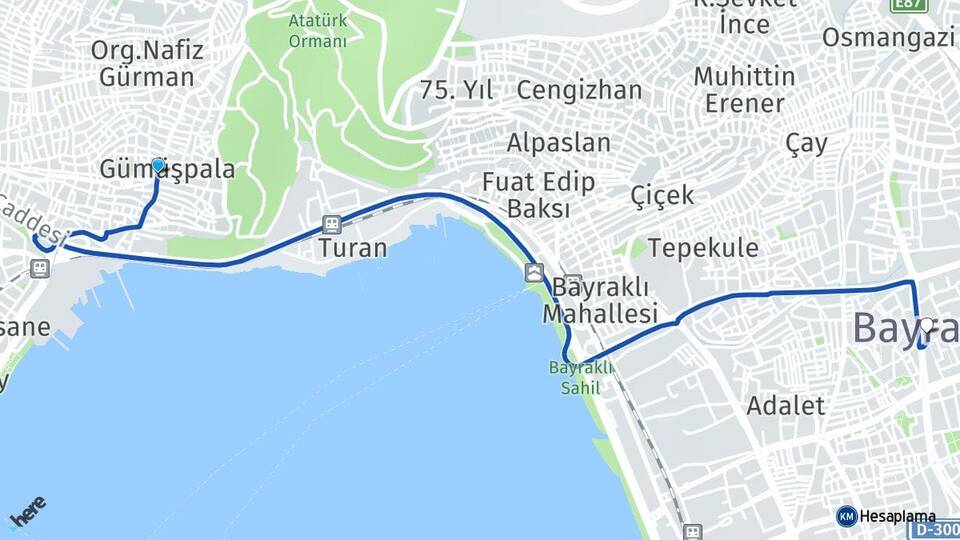 İzmir Bayraklı Gümüşpala Bayraklı Arası Kaç Km - Yol Haritası