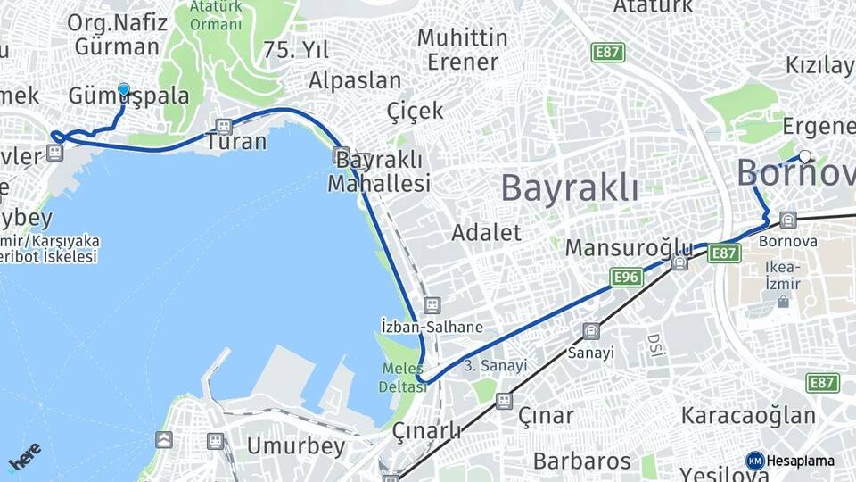 İzmir Bayraklı Gümüşpala Bornova Arası Kaç Km - Yol Haritası