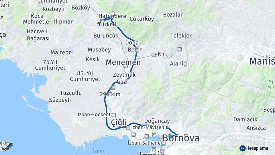 İzmir Bayraklı Hatundere Menemen Arası Kaç Km - Yol Haritası
