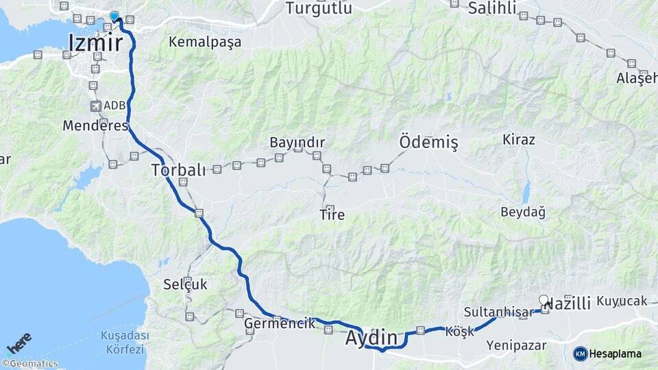 İzmir Bayraklı İsabeyli Nazilli Aydın Arası Kaç Km - Yol Haritası