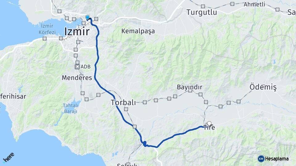 İzmir Bayraklı Tire Arası Kaç Km - Yol Haritası