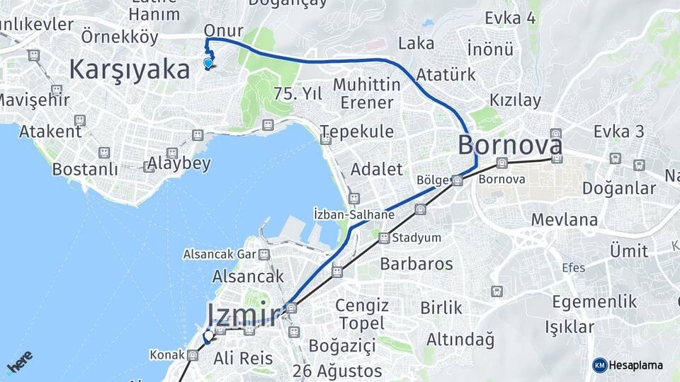 İzmir Bayraklı Yamanlar Konak Arası Kaç Km - Yol Haritası