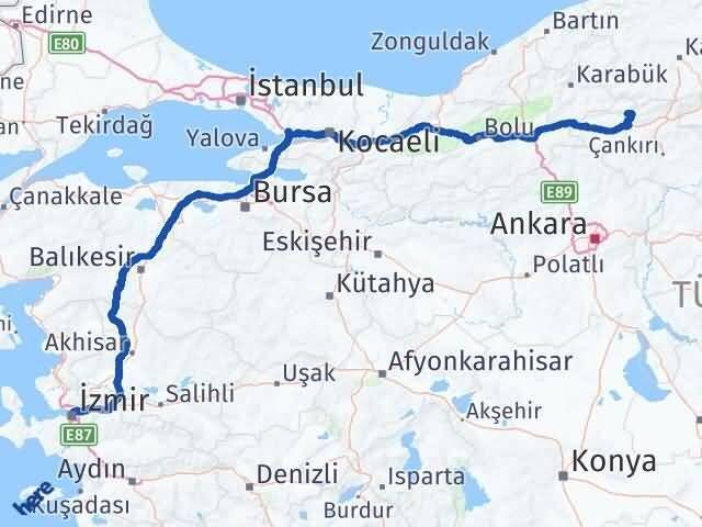 İzmir Bayramören Çankırı Arası Kaç Km - Yol Haritası