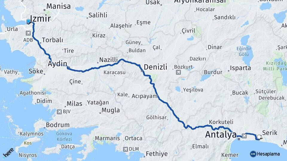 İzmir Belek Serik Antalya Arası Kaç Km - Yol Haritası